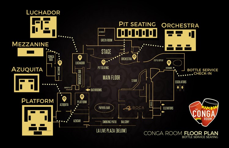 Conga Room club table sitting bottles service floor book your own vip table area reserve map