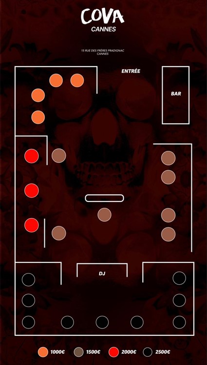 Cova club Cannes nightclub table map vip regular premium tables book yours now