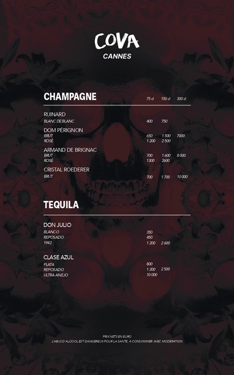 Cova club Cannes bottle menu pricing alcohol vodka rum gin cognac whisky 