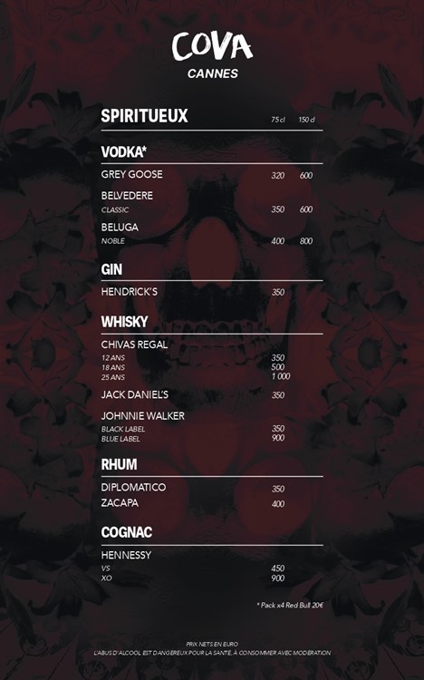 Cova club Cannes nightclub bottle menu packages champagne bubbles celebrate birthday hen bachelor 