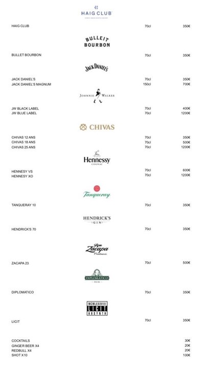 Cova nightclub Paris table booking bottle menu prices champagne vodka rum gin whisky best brands