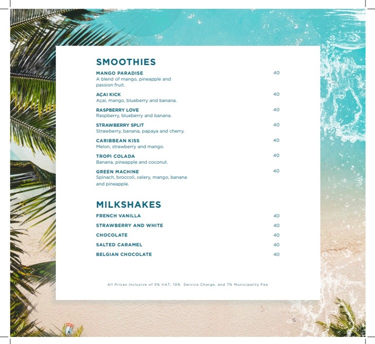 Cove Beach Dubai pool club bottle menu smoothies juices