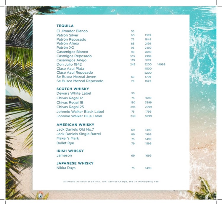 Cove Beach Dubai pool club bottle menu tequila whisky 