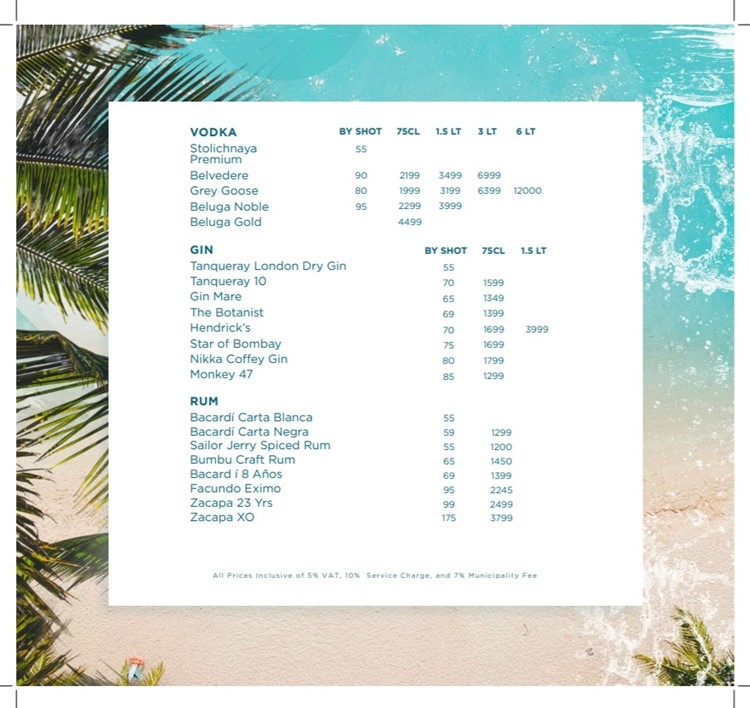 Cove Beach Dubai pool club bottle menu gin rum