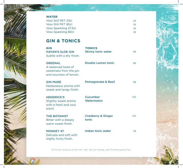 Cove Beach Dubai pool club bottle menu water gin tonic