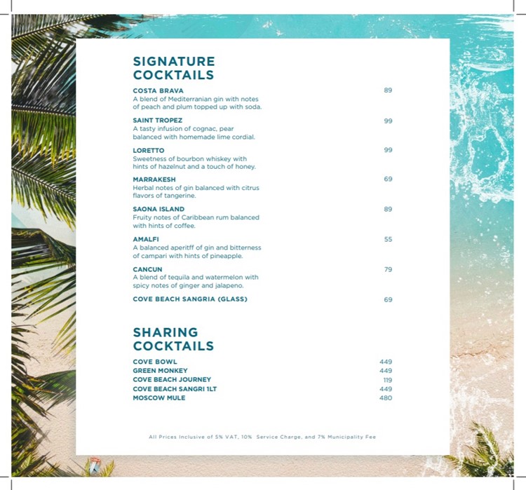 Cove Beach Dubai pool club bottle menu cocktails