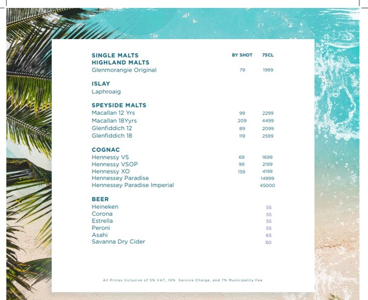 Cove Beach Dubai pool club bottle menu beers cognac