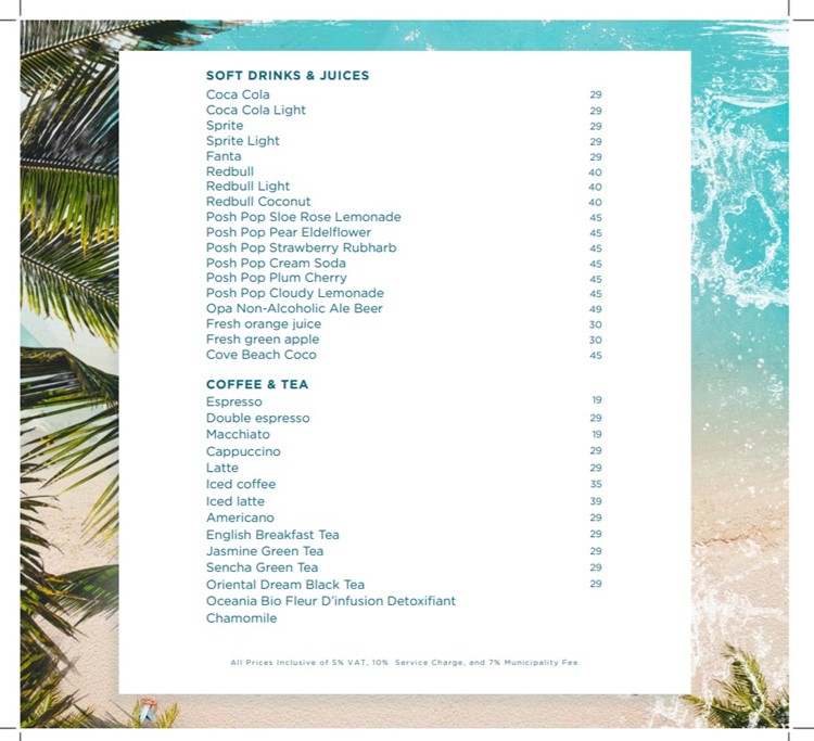 Cove Beach Dubai pool club bottle menu coffee tea