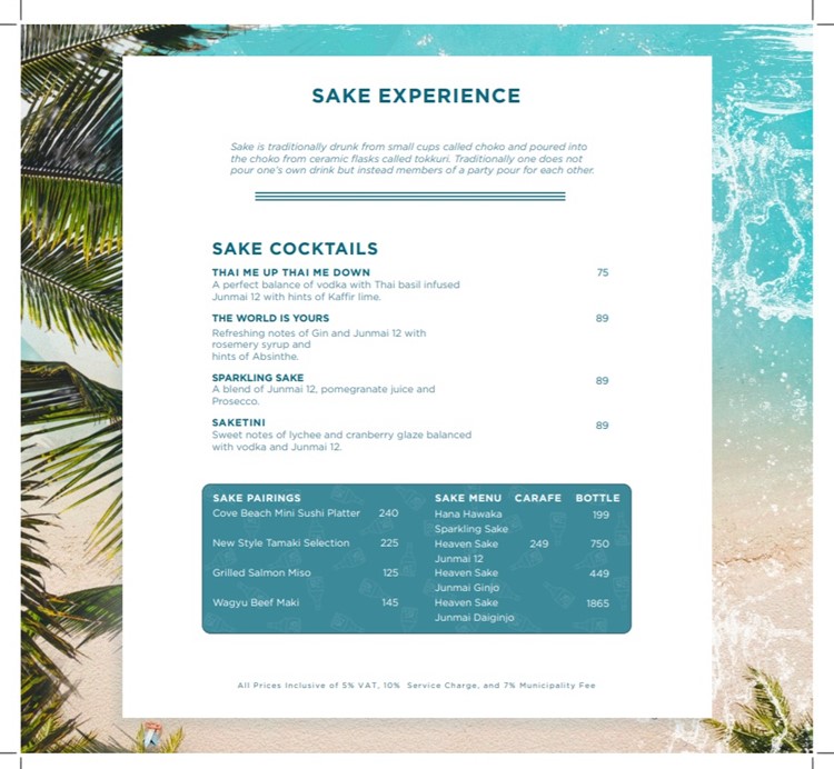 Cove Beach Dubai pool club bottle menu sake