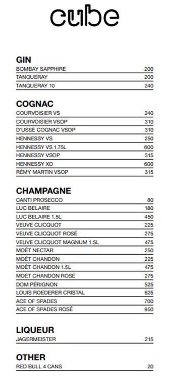Cube nightclub Toronto bottle menu prices gin cognac champagne bubbles liqueur vodka rum alcohol beverages book vip table now 