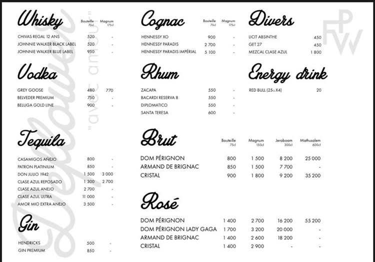 Deflower nightclub Paris club bottle menu alcohol types whisky vodka rum gin cognac bubbles champagne