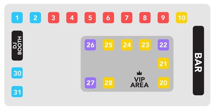 Deflower nightclub Paris tables map VIP premium regular ares dance floor bar