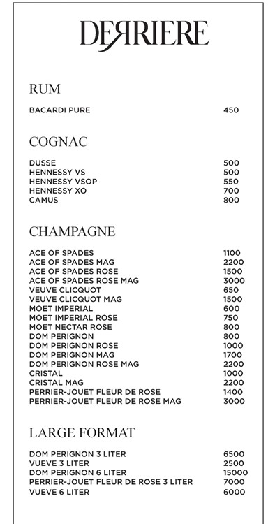 Derriere nightclub LA bottle menu champagne vodka rum gin cognac whisky mixers beverages prices