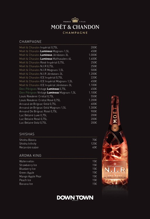 Downtown nightclub Barcelona bottle menu champagne price list magnum book your VIP table