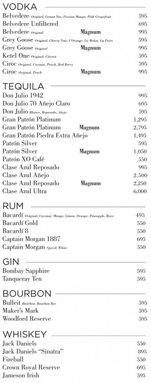 Drais Beach club Las Vegas menu cocktails drinks beverages vodka rum gin cognac whisky prices