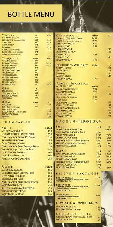 E11VEN nightclub Miami menu prices per bottle packages whisky rum gin bubbles champagne vip table service