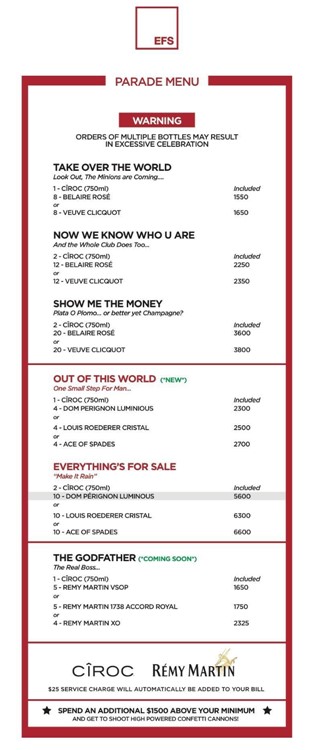 EFS social club Toronto parade menu bottles price packages champagne bubbles price 