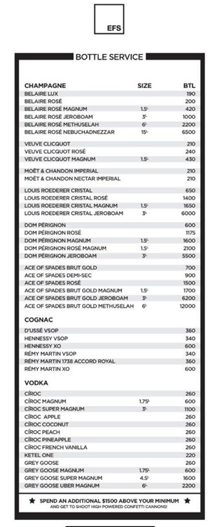 EFS social club Toronto menu service alcohol bottles vodka rum gin cognac whiskey celebrate birthday hen bachelor parties book vip table now
