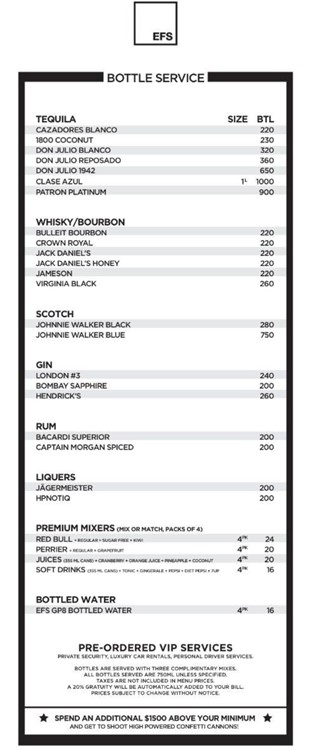 EFS social club Toronto alcohol price per bottle menu reserve vip table order alcohol party cocktails mixers beverages