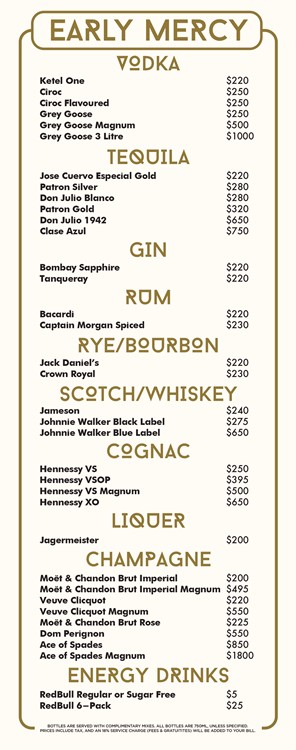Early Mercy nightclub Toronto bottle service menu prices vodka tequila gin rum champagne whiskey cognac mixers book vip table now