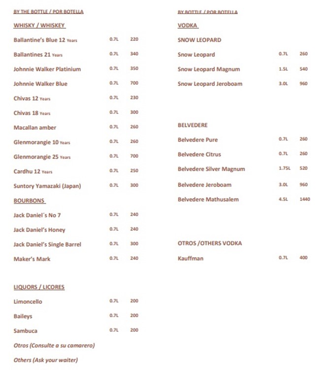 Eclipse nightclub Barcelona strong alcohol bottles vodka gin rum cognac whisky price per bottle drinks cocktails beverages mixers book vip table