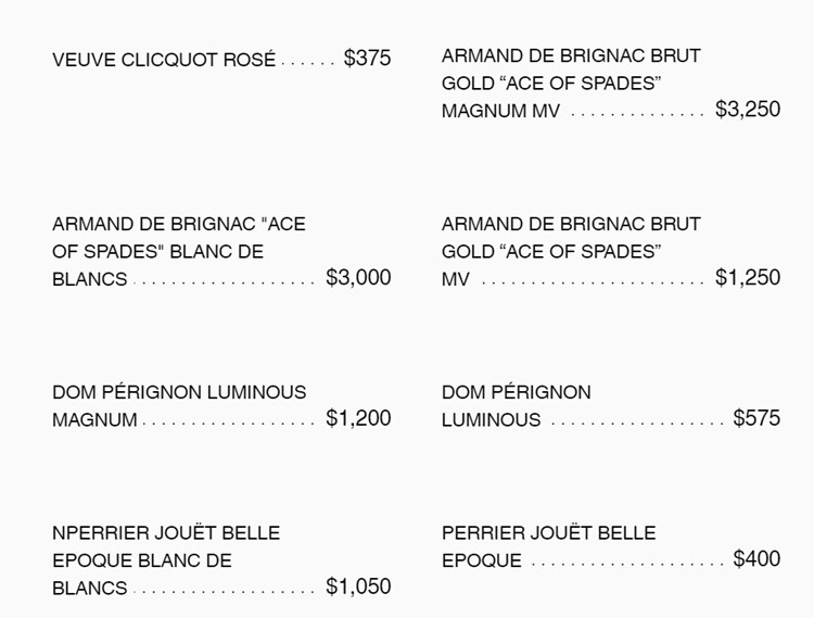 Electric Hotel Chicago club menu magnum price champagne bubbles parade