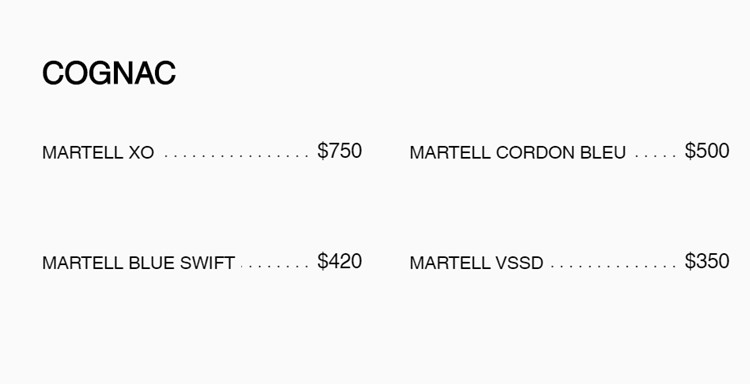 Electric Hotel Chicago club menu cognac prices list