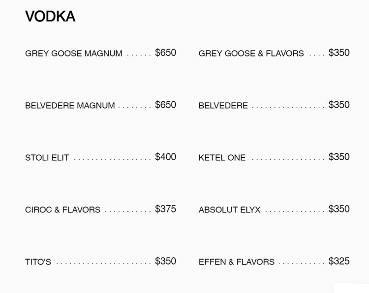 Electric Hotel Chicago club menu vodka premium regular