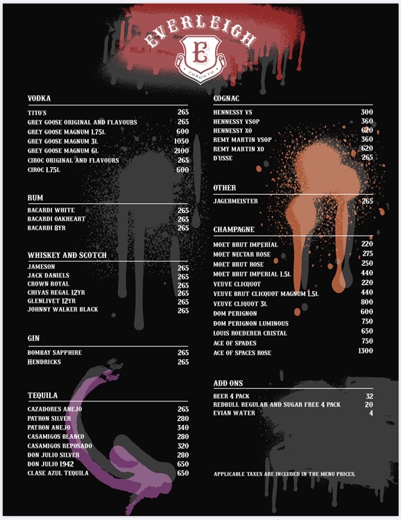 Everleigh nightclub Toronto bottle menu prices champagne vodka rum gin bubbles cognac liquor book vip table