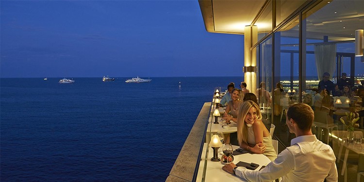 Fairmont hotel restaurant nightclub Monaco ocean sea view terrace sit down eat drink luxury romantic atmosphere 