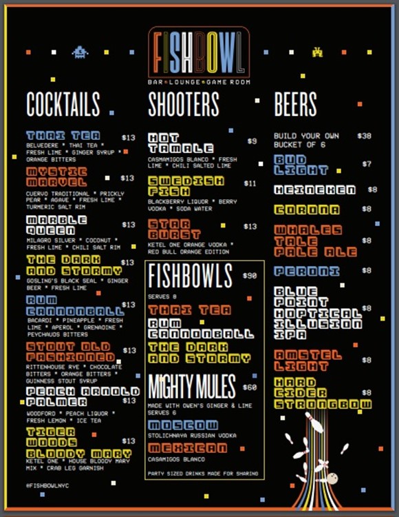 Fishbowl New York City club food drinks menu alcohol cocktails starters prices