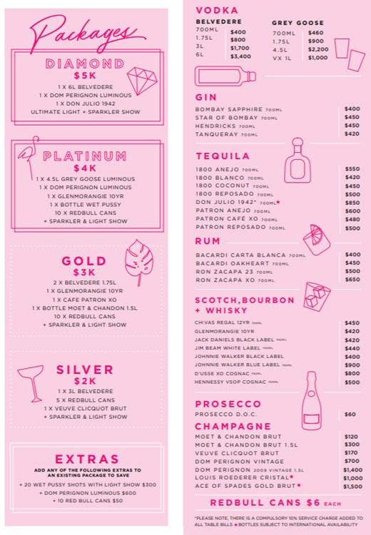 Flamingo Lounge Sydney club bottle menu price champagne vodka rum gin cognac whisky tequila cocktails