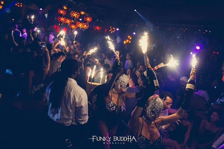 Funky Buddha nightclub Marbella alcohol bottles show celebrate reserve your own table party event
