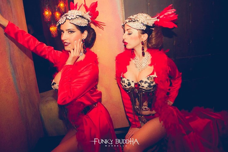 Funky Buddha nightclub Marbella brunette sexy dancers in red and white lingerie costumes masks red lipstick show event