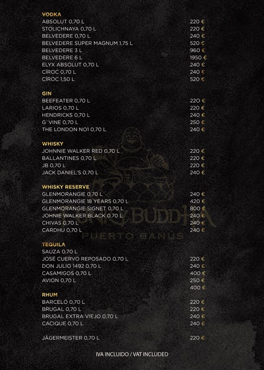 Funky Buddha in Marbella menu bottle service prices champagne gin rum cognac whisky vodka