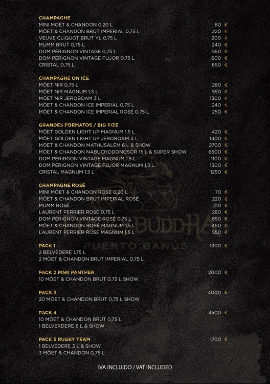 Funky Buddha nightclub Marbella bottle menu pricing alcohol beverages 