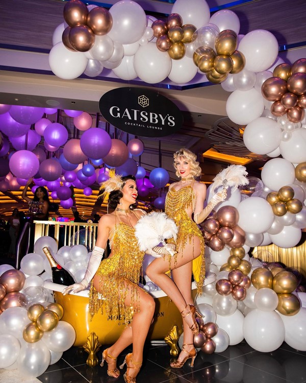 Gatsby Lounge Las Vegas pretty waitresses dress up costume gold mini dress