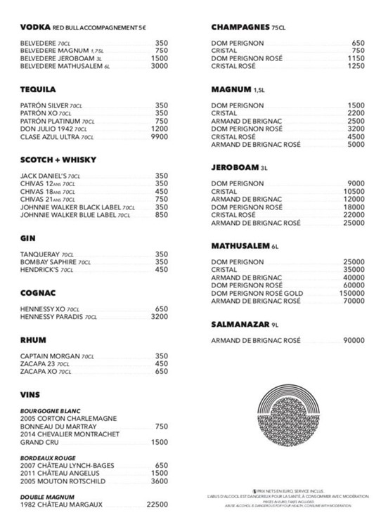 Gotha nightclub Cannes bottle menu alcohol vodka rum gin cognac champagne bottles pricing 
