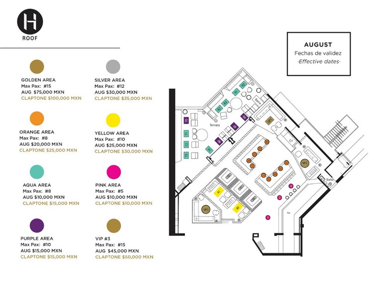HRoof nightclub Cancun map view table areas vip bar dj booth