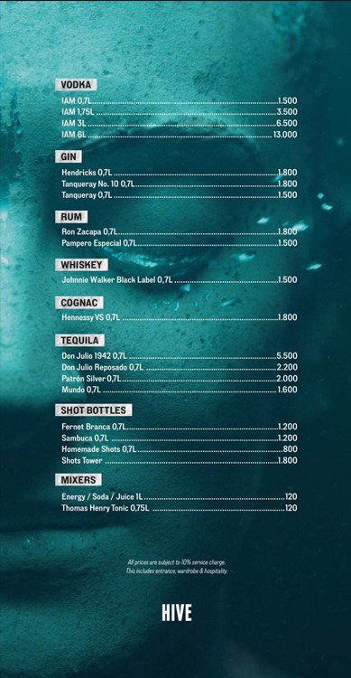 Hive club Copenhagen nightclub booking bottles pricing vodka gin rum whiskey tequila shots mixers 