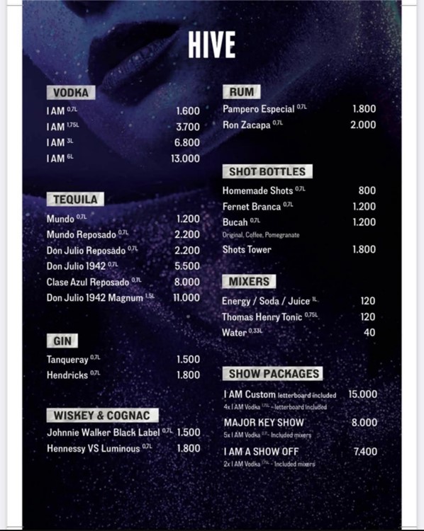 Hive club Copenhagen nightclub booking bottles pricing vodka gin rum whiskey tequila shots mixers 