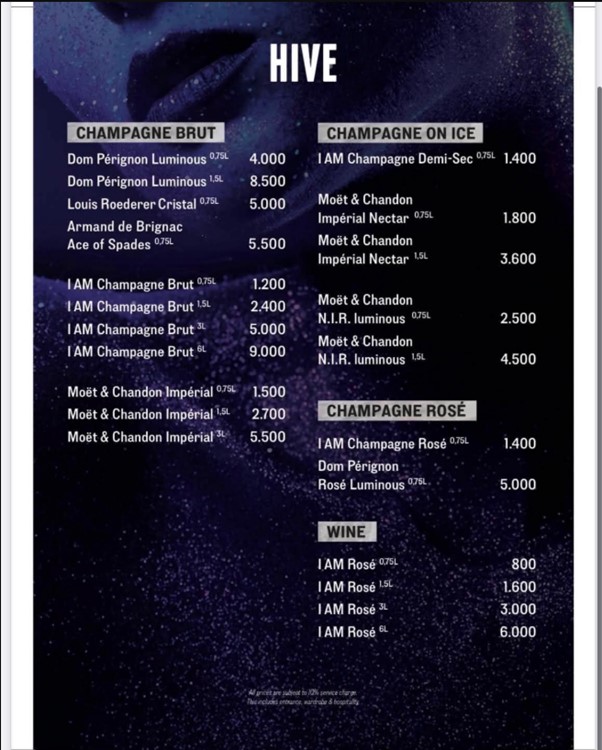 Hive club Copenhagen bubbles champagne prices vip bottle service menu book now