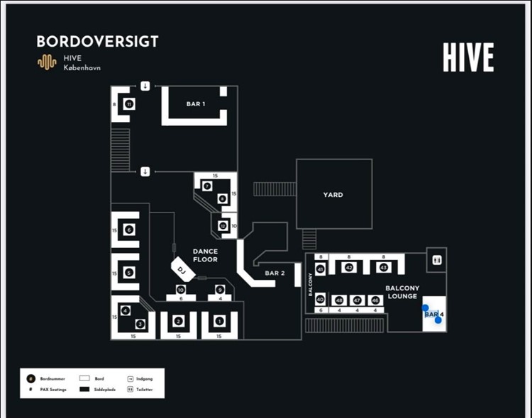 Hive nightclub in Copenhagen tables map view areas VIP regular dance floor bar lounge