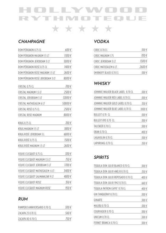 Hollywood Rythmoteque nightclub Milan vodka rum gin cognac whisky champagne bubbles spirits bottle menu prices packages rum book table now reserve
