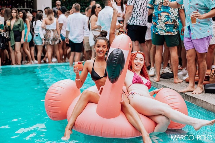 Ivy Pool club Sydney Marco Polo girl having fun swimming flamingo inflatable bikinis cocktails