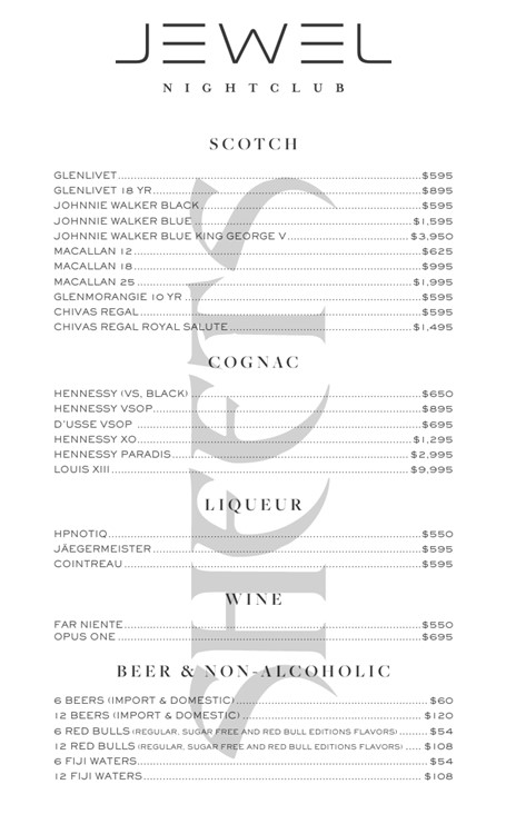 Jewel nightclub Las Vegas bottle price vodka rum gin cognac champagne mixers