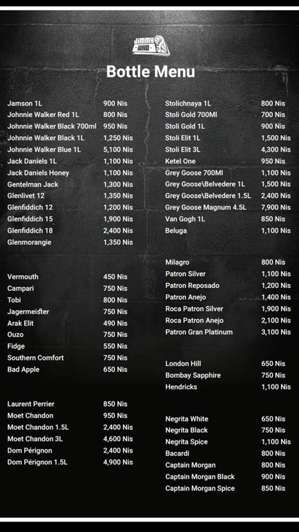 Jimmy Who nightclub Tel Aviv bottle menu packages prices alcohol bottles