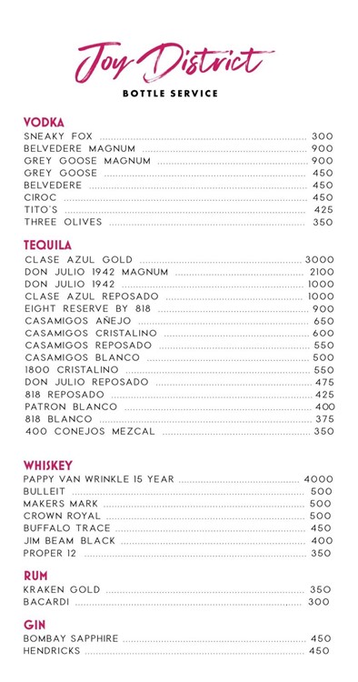 Joy District nightclub Chicago bottle menu