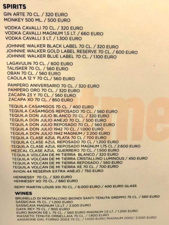 Just Me nightclub Milan alcohol bottle menu price vodka rum gin cognac whisky