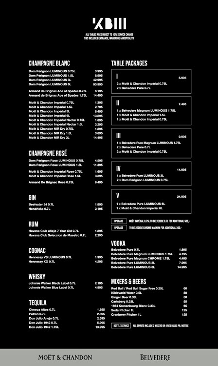 KB3 nightclub Copenhagen bottle menu pricing alcohol club price vodka rum gin cognac whisky champagne